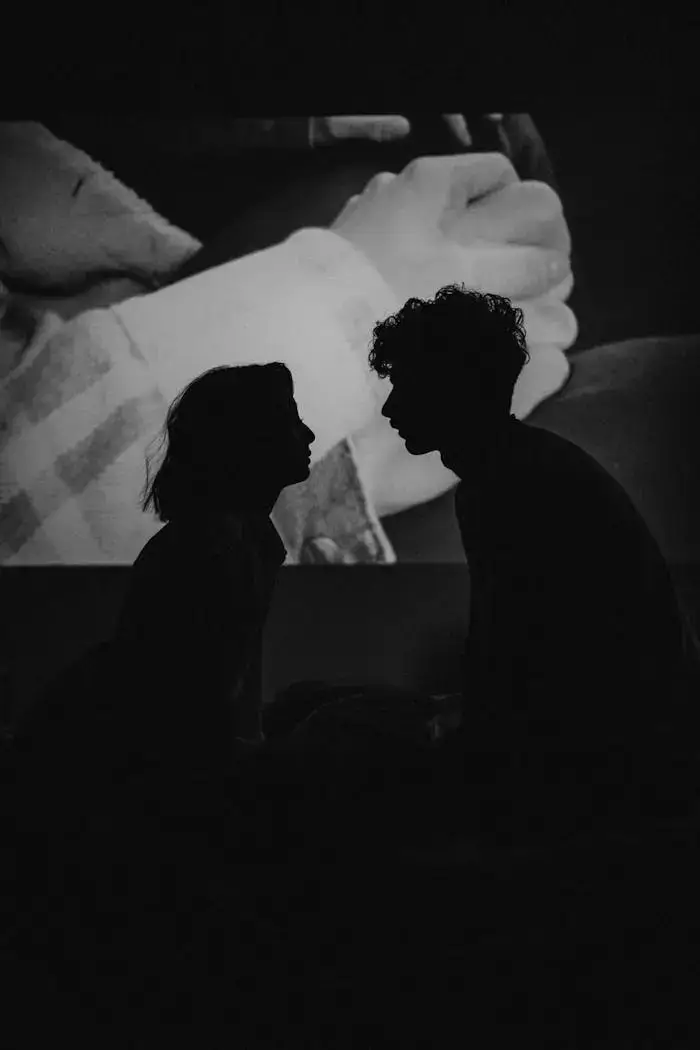 services-03 Silhouette of a romantic couple facing each other in a darkened room with a projector background.